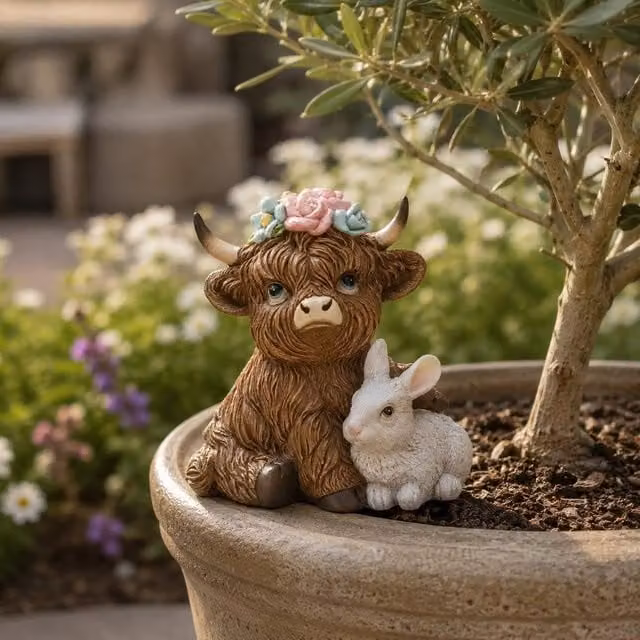 Country Living Highland Cow with Spring Bunny Decoration in Brown and White