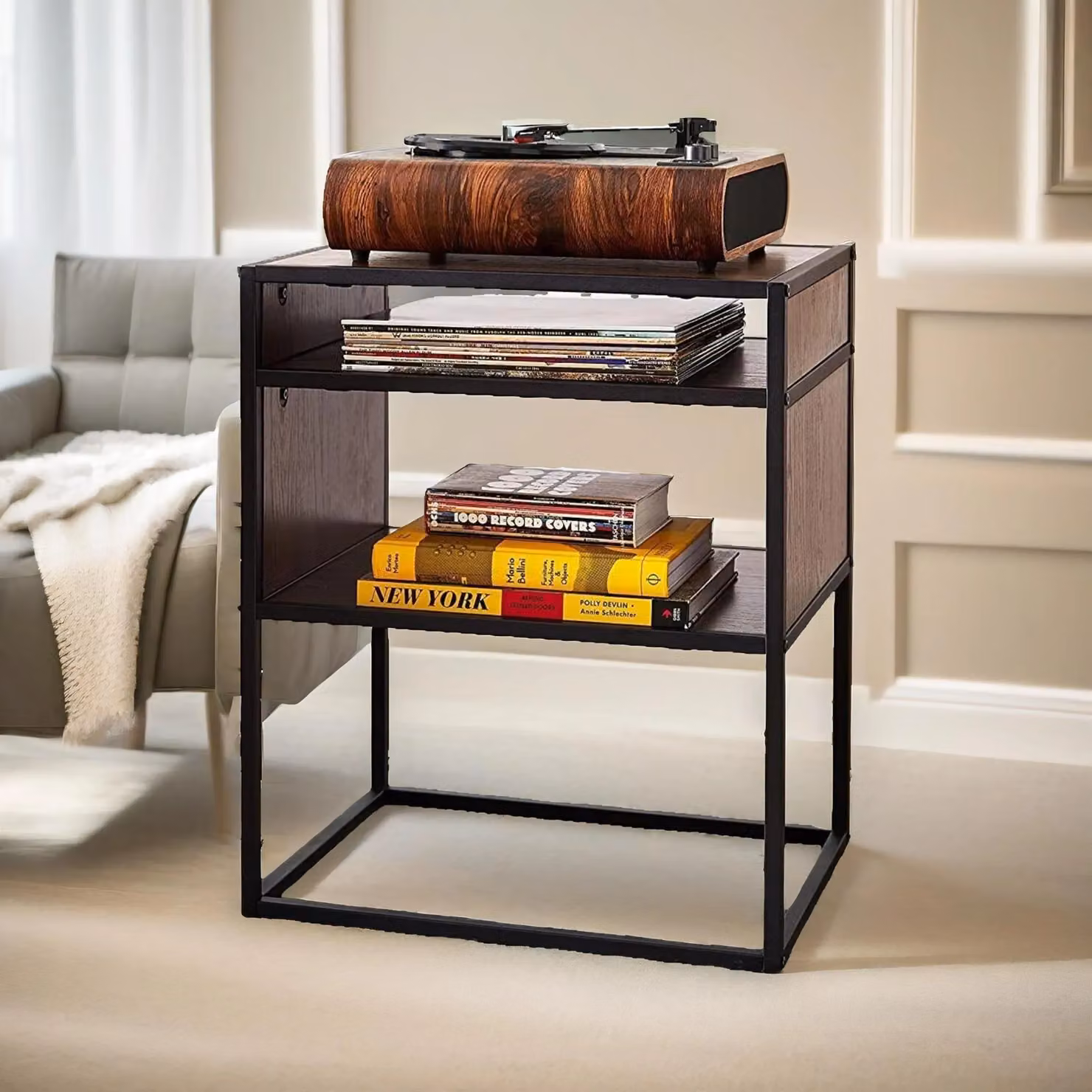 Pirlo Plush Industrial Square Side Table with Open Storage in Walnut and Black, W/D/H: 40.64 x 40.64 x 60.96 cm – 2