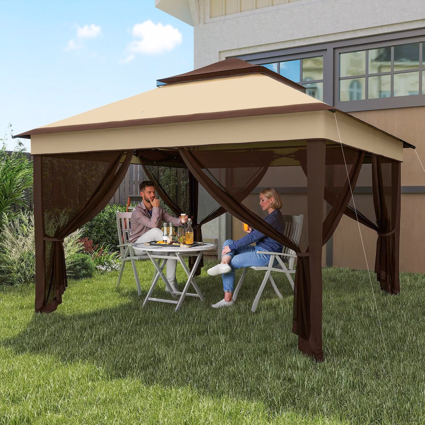 Outsunny Pop Up Gazebo with Netting and Carrying Bag, Beige, W: 300 cm, D: 300 cm, H: 272 cm – 8