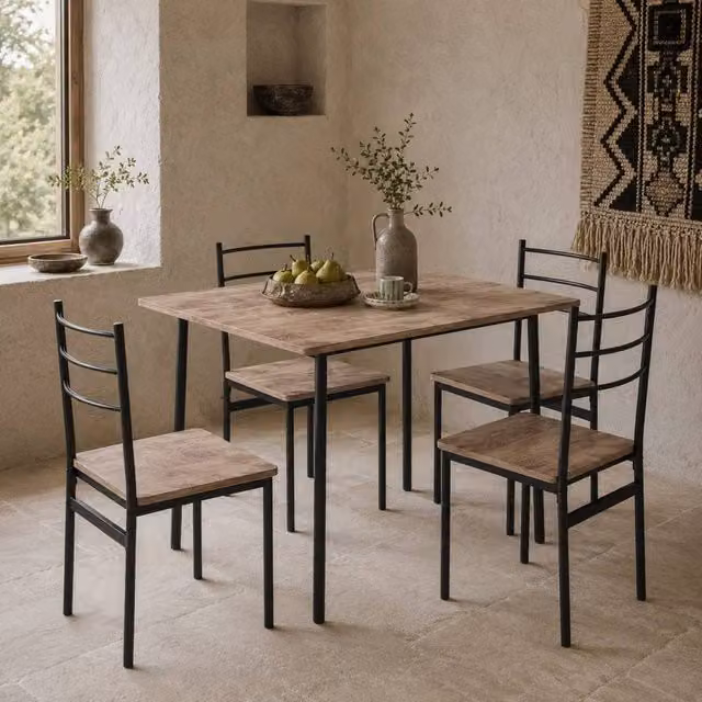 Wyld Haus Kaloro 5 Piece Industrial Dining Set with Black Steel Frame and Brown MDF Laminate, W/D/H: 110 x 70 x 75 cm – 1