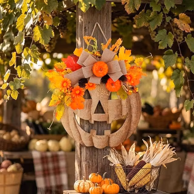 Quipulse Pumpkin Jack O Lantern Fall Hanging Door Decor in Orange and Multicolour – 1