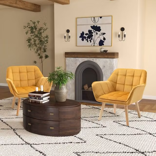 HOMCOM Set of 2 Modern Velvet Accent Armchairs with Metal Frame and Rubberwood Legs in Yellow