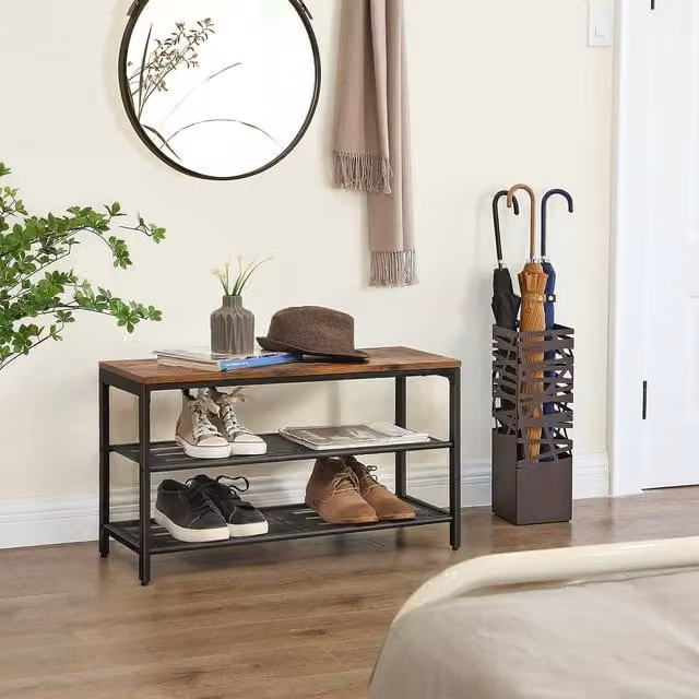 VASAGLE Industrial Shoe Storage Bench with Mesh Shelves in Brown