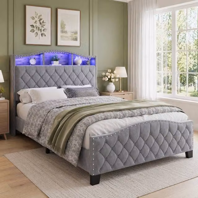 STILVORA Grey Velvet Double Upholstered Bed with LED Under-Bed Lighting and Side Compartment Storage, W/D/H: 140 x 200 x 135 cm