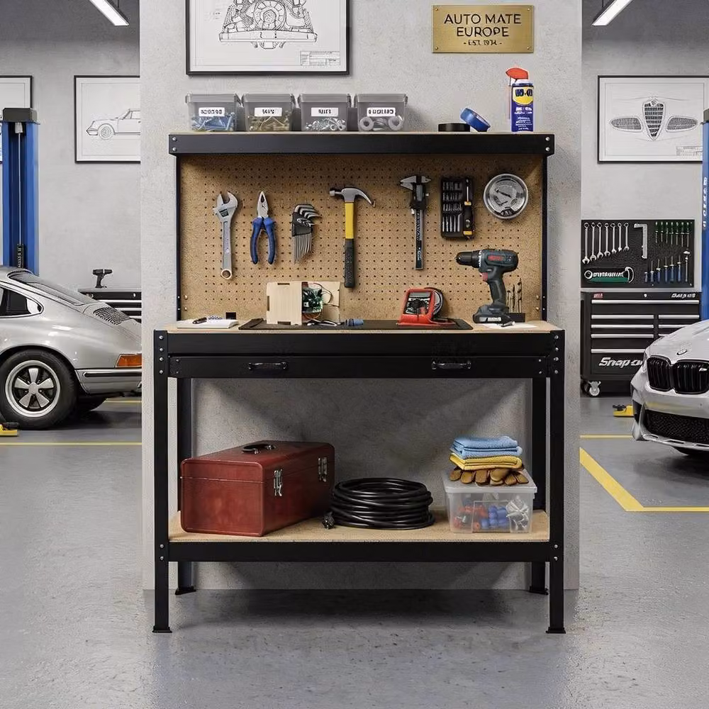 Hinsinc Black and Blue Steel Workbench with Pegboard, W: 1000 cm, D: 52 cm, H: 150 cm – 4