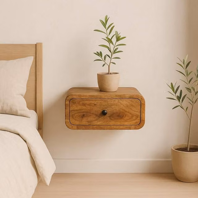 Wyld Haus Vicenza Mini Wall Mounted Mango Wood Bedside Table with Drawer in Brown