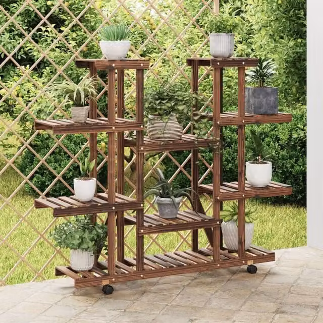 Berkfield Home Retro Flower Stand with Wheels in Brown Solid Wood, W/D/H: 110 x 25 x 115 cm – 1