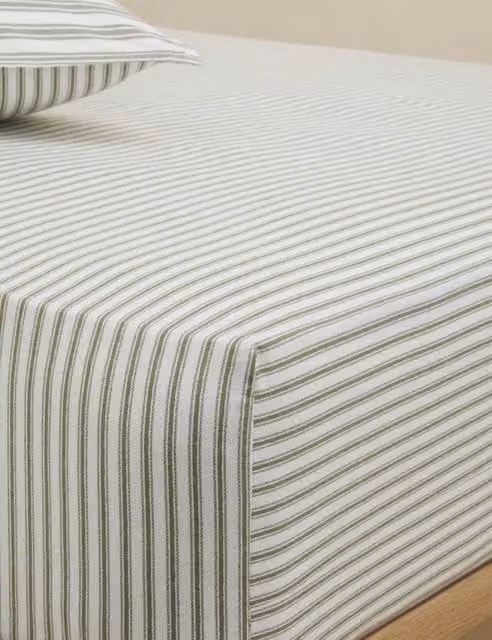 M&S Fern Green Brushed Cotton Striped Deep Fitted Sheet, W/D/H: 180 x 200 cm