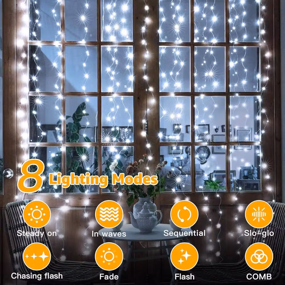 NIVOR White LED Curtain Fairy Lights with 300 LEDs, 8 Modes and Cool White 6500K Light, W/H: 3 x 3 m – 3