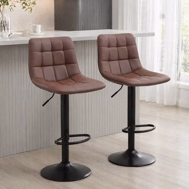 STILVORA Set of 2 Adjustable Swivel Bar Stools with Brown PU Leather and Metal Frame – 1