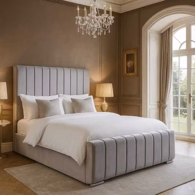 K Mehmood Enterprise Ltd London Divan Ottoman Bed with Headboard in Silver Velvet Fabric
