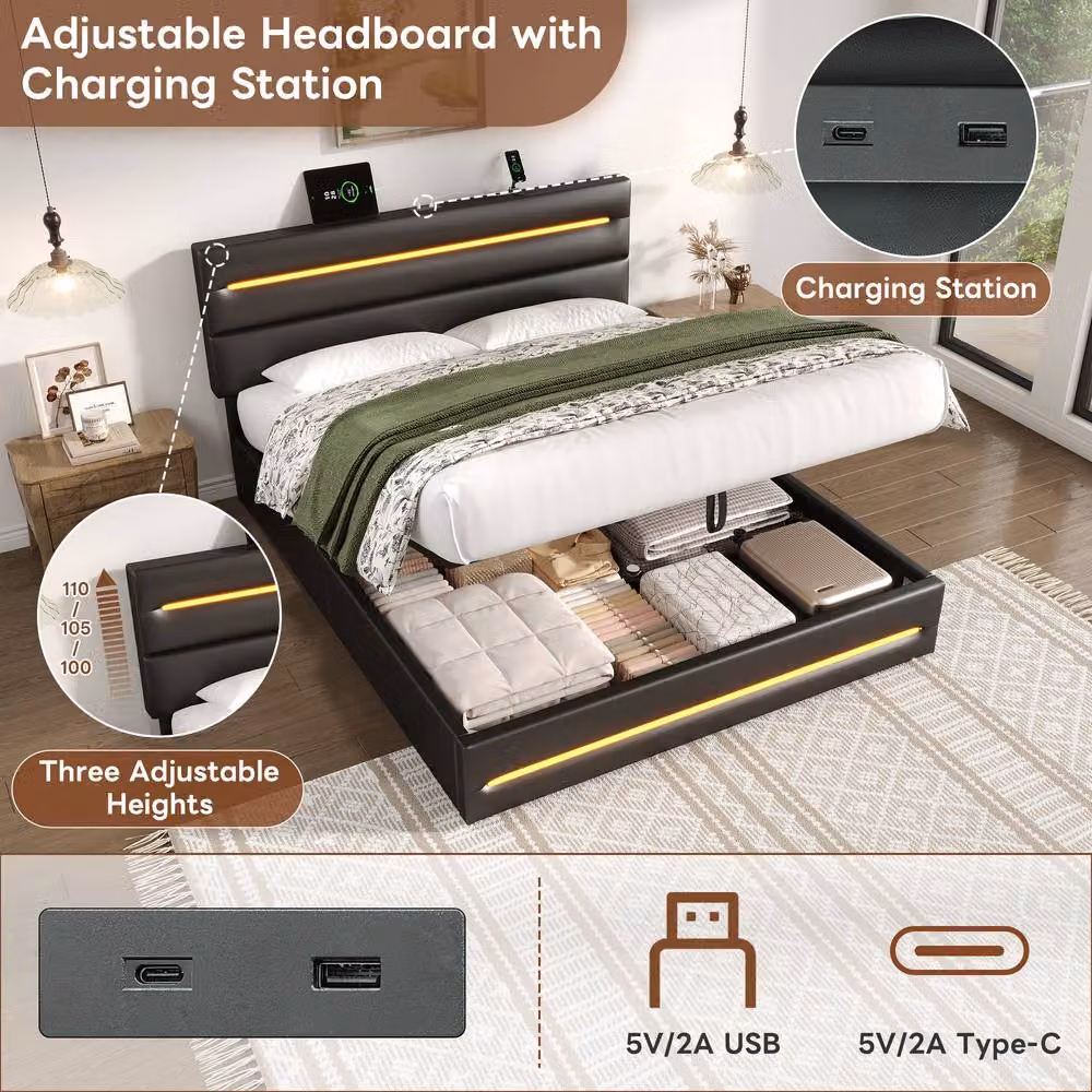 Merax Faux Leather Upholstered Ottoman Bed in Black with LED Lighting and USB Charging Port, W/D/H: 180 x 200 cm – 4