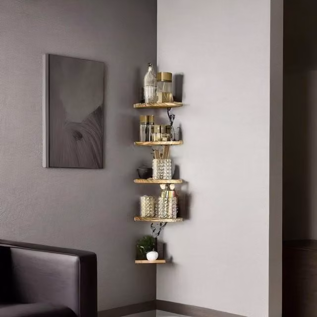 Modcraft 4-Tier Rustic Wood Wall Mounted Floating Corner Shelf in Sand