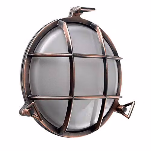 MiniSun Modern IP66 Rated Metal Nautical Outdoor Wall Light with Copper Effect and Frosted Lens, Includes 8W LED E27 Bulb – 1