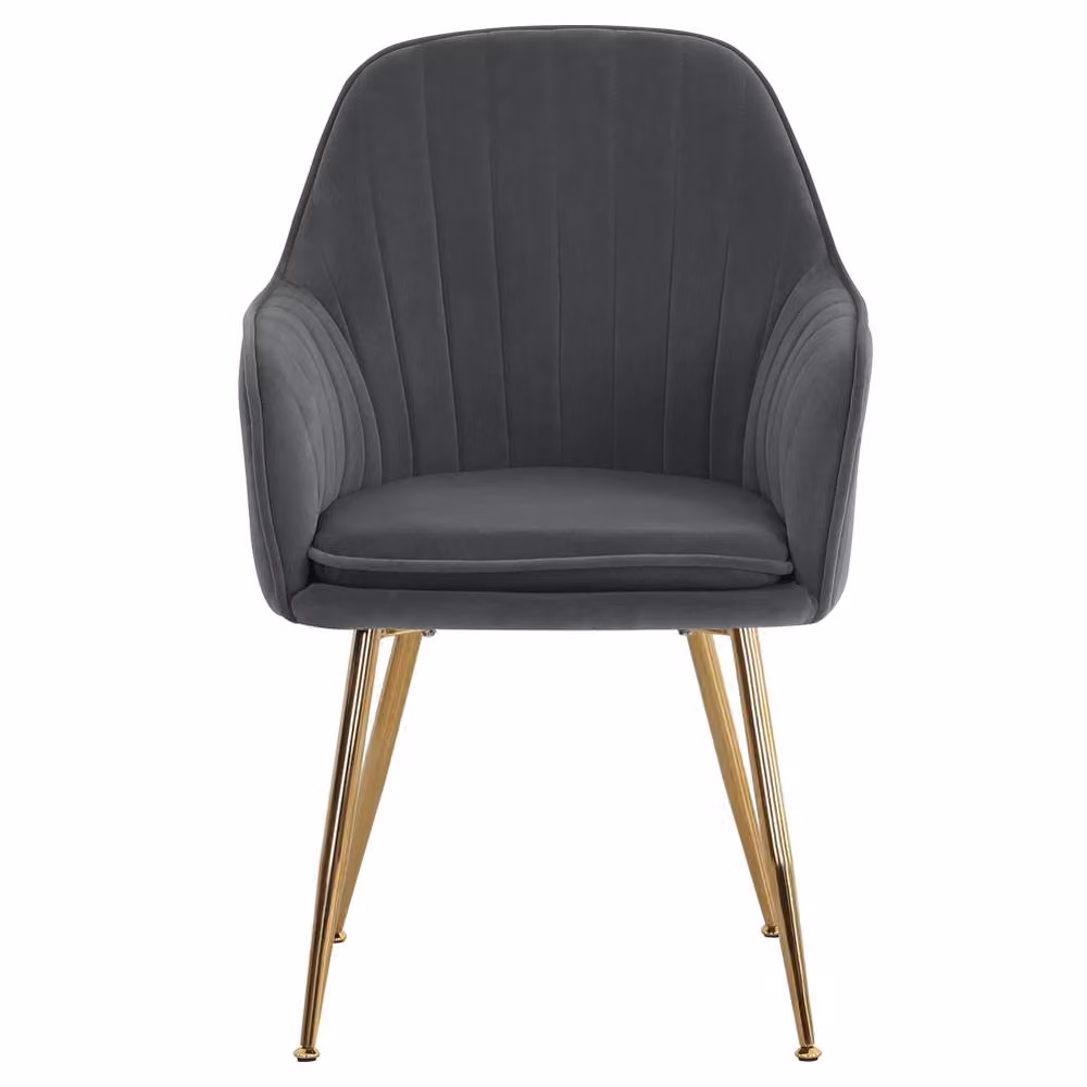 Living and Home Set of 2 Modern Velvet Upholstered Dining and Dressing Chairs with Gold Metal Legs in Grey – 4