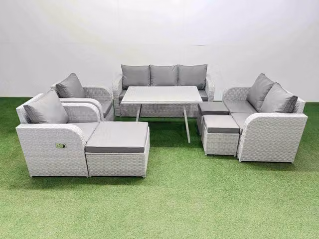 Fimous Outdoor Rectangular Table Sofa Set in Light Grey with Reclining Chair, 3 Seater Sofa, Coffee Table and Ottoman