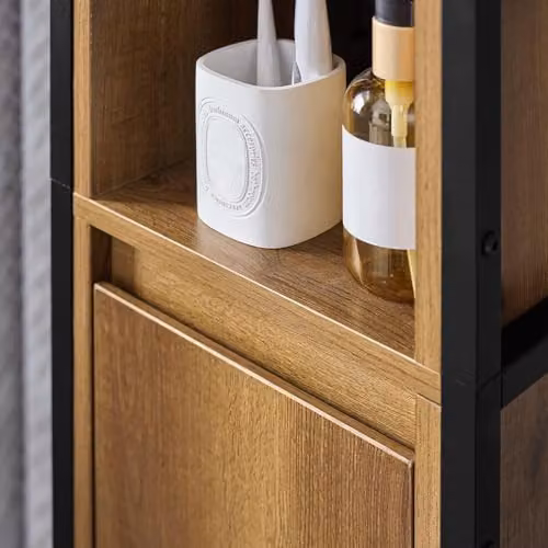 SoBuy Tall Slim Bathroom Storage Cabinet in Brown and Black, Freestanding Industrial Style Unit with Hinged Doors and Internal Shelves, W/D/H: 30 x 28 x 168 cm – 6