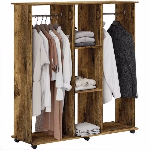 PAWNORA Mobile Double Open Wardrobe with Clothes Hanging Rail, Brown, W: 100 cm, D: 15 cm