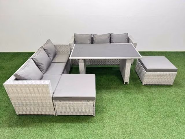 Fimous 8-Seater Patio Rectangular Table and Sofa Set with 2 Large Stools in Light Grey