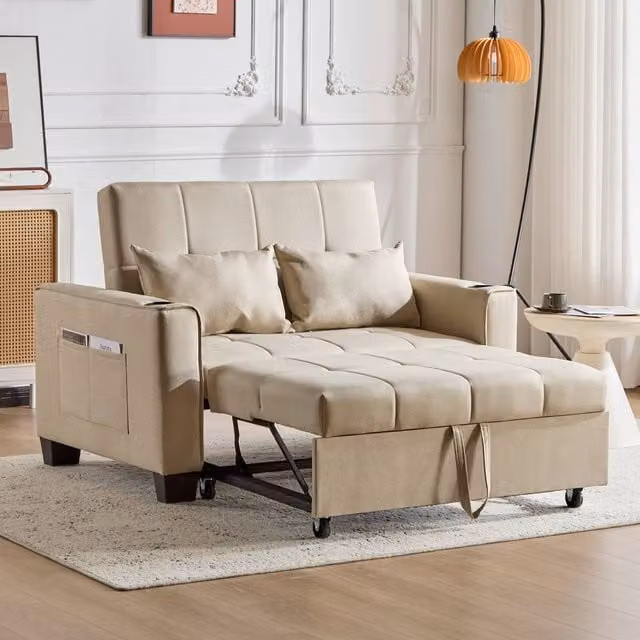 Matteo 2 Seater Convertible Fabric Sofa Bed with Cup Holders and Scatter Cushions, Beige