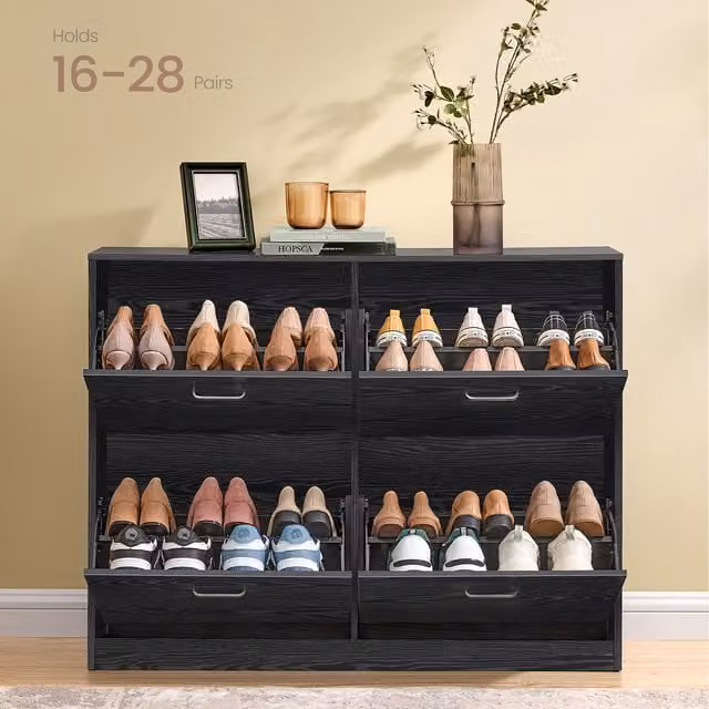 VASAGLE Modern Black Shoe Storage Cabinet with 4 Tilting Compartments and Internal Shelves