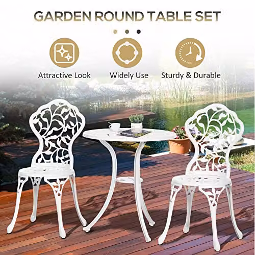 Outsunny 3 Piece Aluminium Bistro Set with Floral Pattern Dining Table and Chairs in Antique White – 3