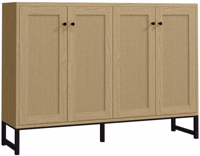 VOGREX Oak 4-Door Cane Webbing Sideboard in Light Oak and Beige Wood Finish