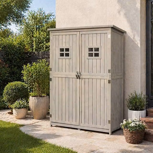 STILVORA Grey Lacquered Wood Garden Storage Cabinet with Internal Shelves and Hinged Doors, H 158.0 x W 119.0 cm