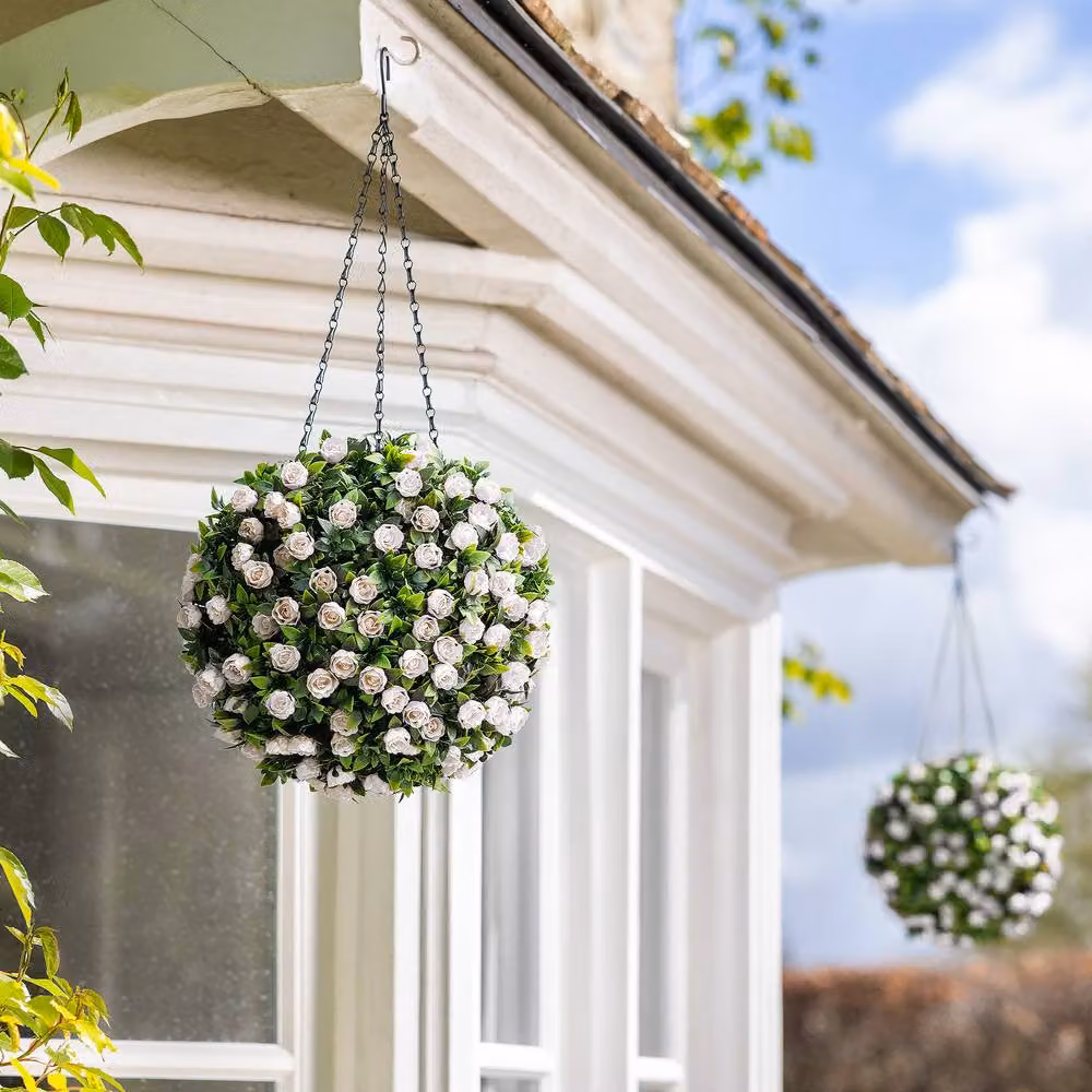 Christow Artificial White Rose Topiary Hanging Flower Plants, 2 x Diameter: 28 cm – 2