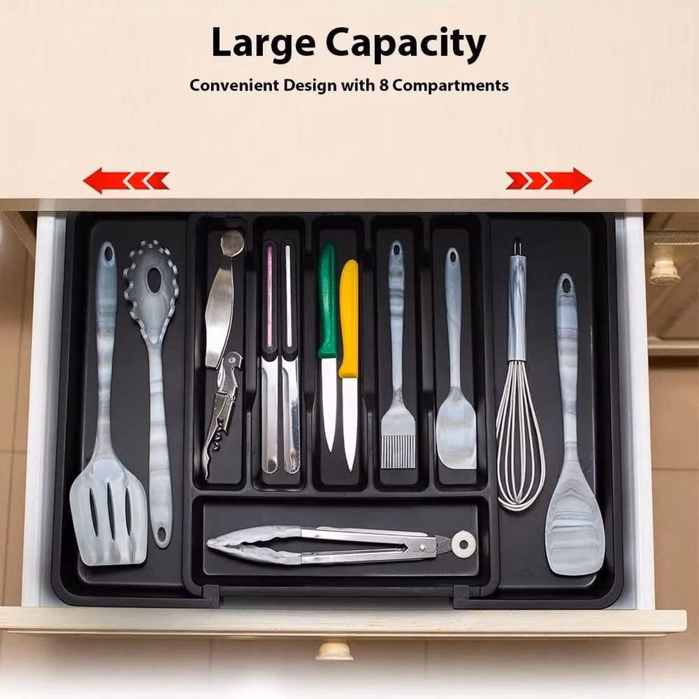 EONLION Black Plastic Extendable Cutlery Drawer Organiser and Utensil Tray – 5