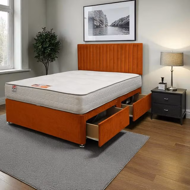 Knight Sleep Modern Upholstered Hybrid Bed Set with Drawers and Headboard in Orange and Grey, W/D/H: 120 x 200 cm