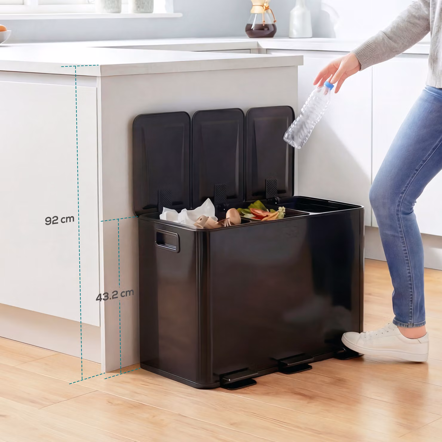 HOMCOM Triple Steel Pedal Bin with Soft Close Lids and Removable Inner Buckets, Black – 2