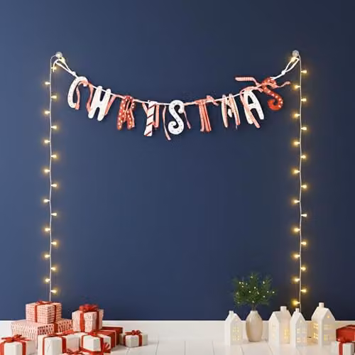 Shatchi Vintage Country Style Tartan and Cream Wooden Christmas Garland Banner with Red and White Checked Pennants – 7