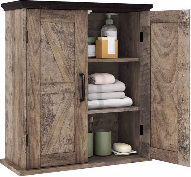 Gymax Rustic Farmhouse Wall Mounted Bathroom and Kitchen Cabinet with 2 Hinged Doors and Internal Shelves in Grey – 1