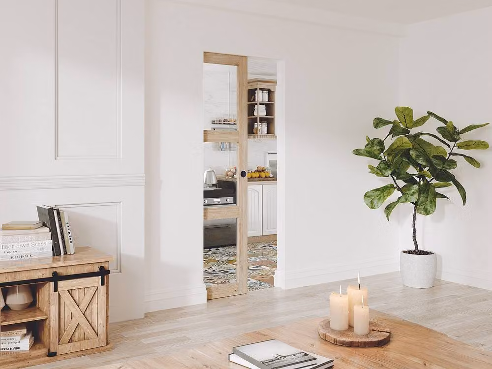 Vente-unique Modern Sliding Pocket Door in Light Oak Wood and Tempered Glass – 2