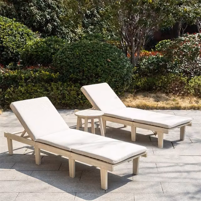 Abrihome Modern Acacia Wood Outdoor Lounger and Table Set in Natural Brown