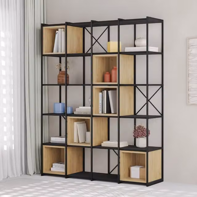 Decortie Vale Maxi Modern 5-Tier Bookcase with Adjustable Shelves in Black Wood and Oak