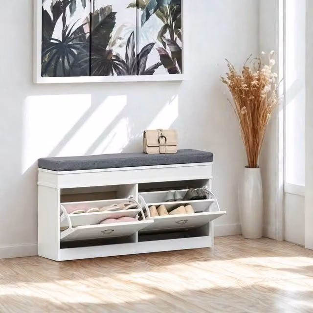 Pirlo Plush Modern Shoe Storage Bench with Cushioned Seat and Storage Drawers in White, W/D/H: 120 x 55 x 44 cm