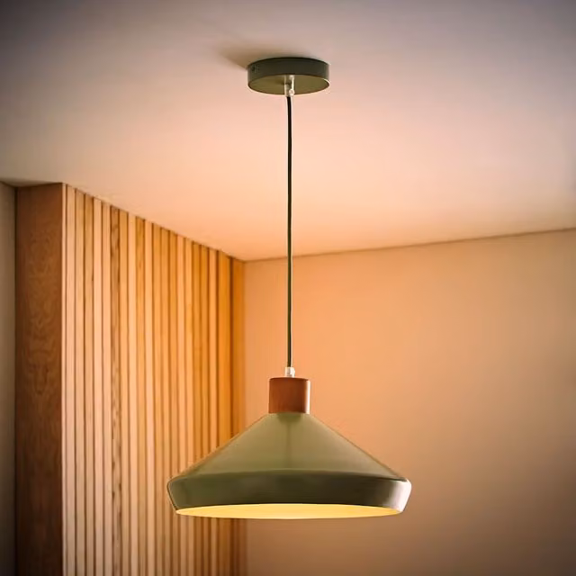 ValueLights Parker Mid-Century Walnut and Metal Dome Pendant Ceiling Light in Green and Cream