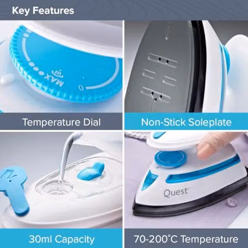 Quest Mini Travel Iron and Steam Iron in White with Non-Stick Soleplate and 408W Power – 3