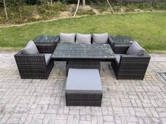 Fimous 6 Seater Rattan Garden Furniture Set with Adjustable Lifting Dining Table and 2 Armchairs in Dark Grey