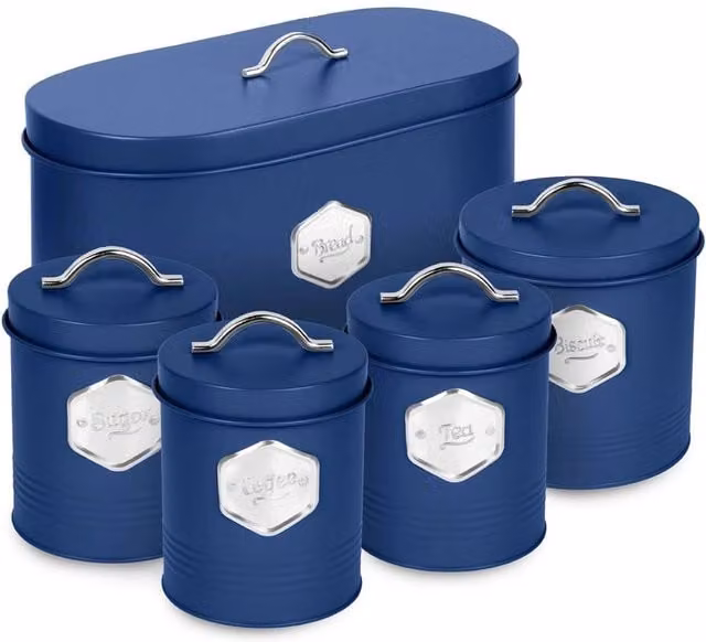 Nordara Blue 5-Piece Airtight and Leakproof Metal Canister Set for Coffee, Sugar and Tea, W/D/H: 30 x 15 x 20 cm – 1