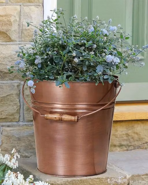 Dibor Antique Copper Metal Bucket Planter Pot in Bronze and Brown, Diameter: 31 cm, Height: 31 cm