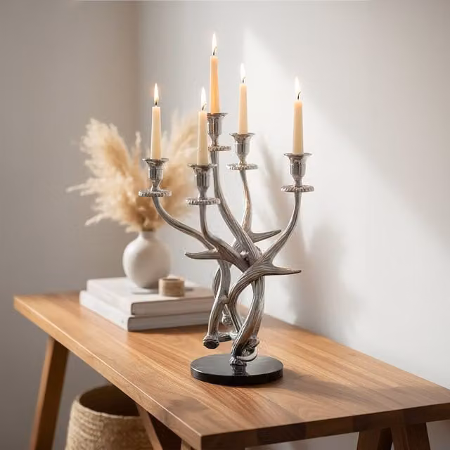 Orsina 5 Arm Silver Metal Antler Candelabra with Black Stone Base for Taper Candles