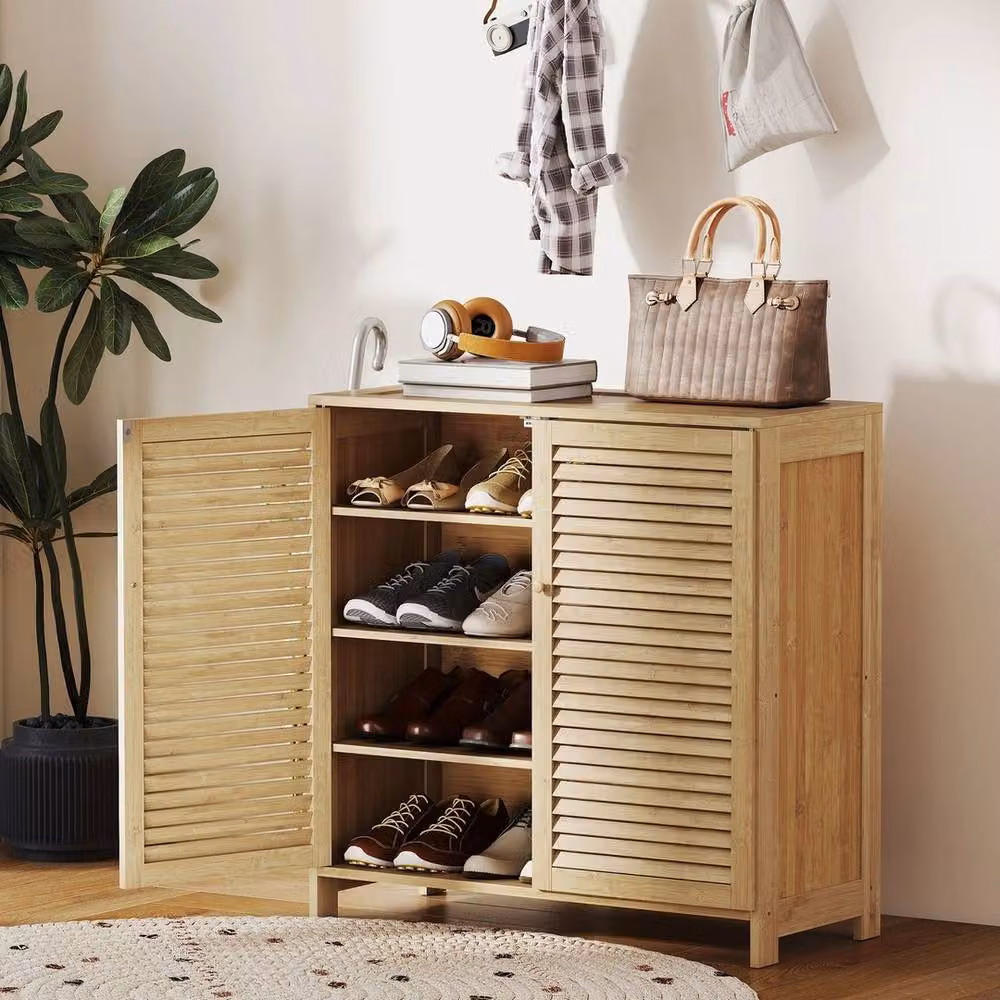NESTLUNE Bamboo Shoe Cabinet with Roll Shutter Doors in Beige, W: 100 cm, D: 15 cm, H: 80 cm – 2