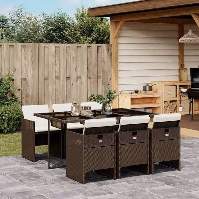 Berkfield Home 7 Piece Brown Poly Rattan Garden Dining Set with Cushions and Glass Top – 1