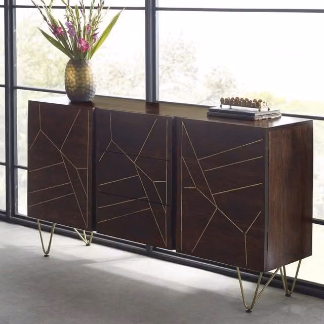 IH Design Deiondre Large Sideboard with Doors and Drawers in Dark Mango Brown and Gold – 1