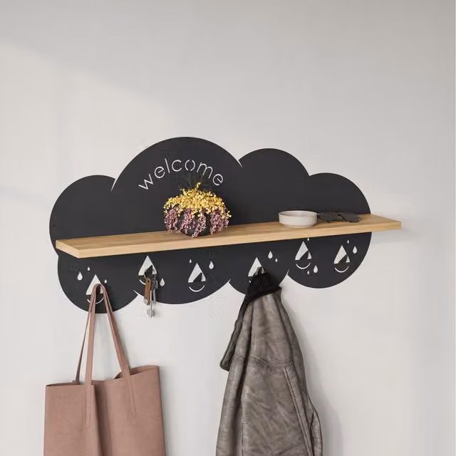 Decortie Cloudy Modern Wall Mounted Shelf with 6 Hooks in Oak