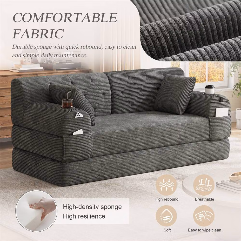 Direct Wicker 2-Seater Corduroy Sofa Bed with Cup Holders and Side Storage Pockets in Dark Grey – 4