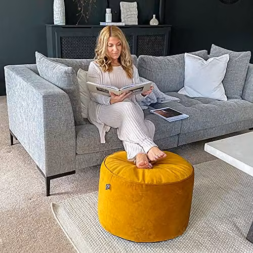 rucomfy Beanbags Velvet Cylindrical Pouffe Footstool, Yellow, W: 55 cm, H: 38 cm – 3